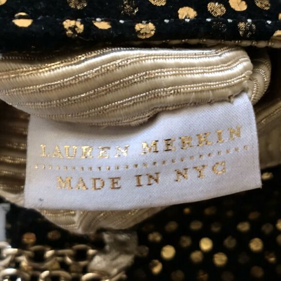 Lauren Merkin Suede Bag Black Gold Metallic Dots Chain Strap Evening Baguette. - Picture 10 of 16